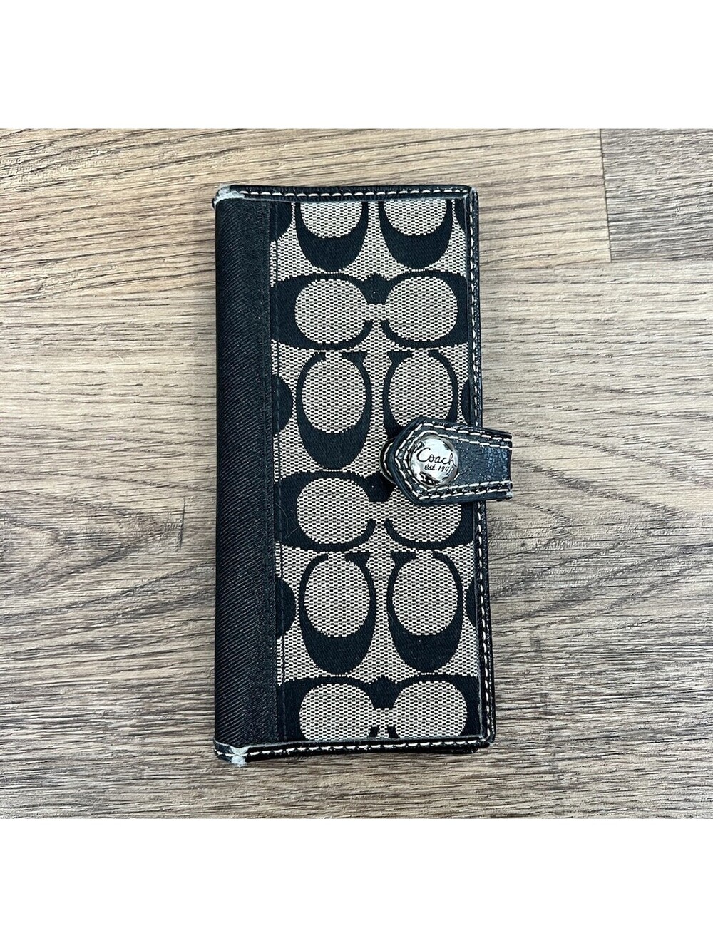 Coach Vintage Signature C Checkbook Wallet Black Canvas Patent Leather Trim